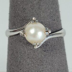 Vintage 50's Cultured 7mm Pearl Marked Silver Solitaire Ring Sz 6.75 Estate 2.5g